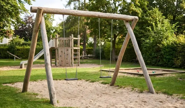 Das Schaukelgestell "Ricky" ist 400 x 250cm, nach DIN EN 1176 geprüft und für den öffentlichen Bereich zugelassen. Gefertigt aus naturbelassender Robinie.