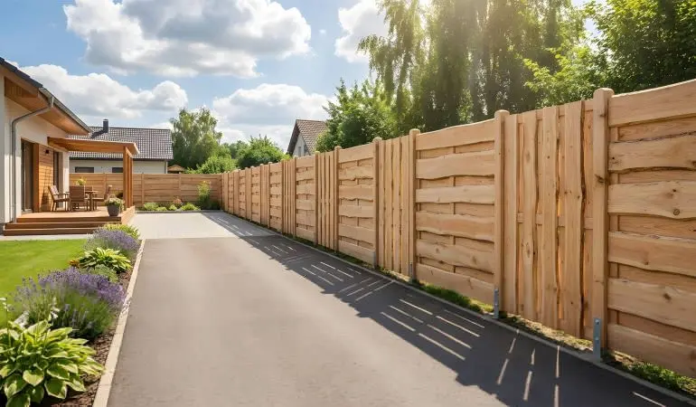 Sichtschutz Rustikal Herne aus naturbelassener Lärche mit rustikalen Bohlen, entlang der Terrasse im Garten