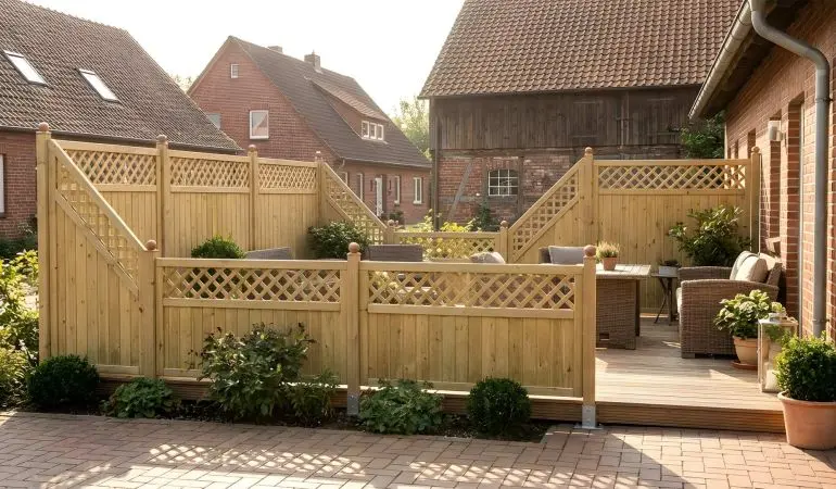 Verschiedene Sichtschutzwände Stuttgart mit Rankgittereinsätzen im oberen Bereich inkl. Pfosten. Terrasseneinfassung im Hof.