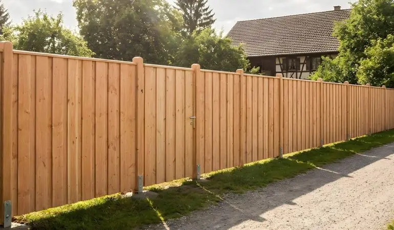 Sichtschutzzaun Douglasie Kriens, naturfarbene Holzfelder mit senkrechten Brettern entlang Grundstücksgrenze am Weg