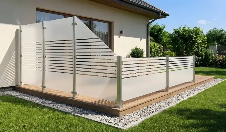 Sichtschutzzaun Glas Arhus, satiniertes Glas mit horizontalen Streifen und Alu-Pfosten als Terrassenabtrennung am Haus