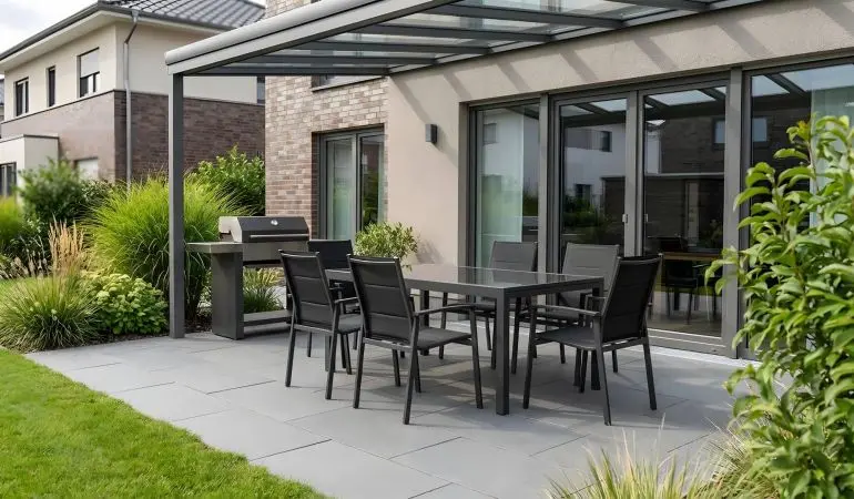 Sitzgarnitur Alu Palermo, schwarzer Esstisch mit Glasplatte und sechs Gartenstühle auf Terrasse