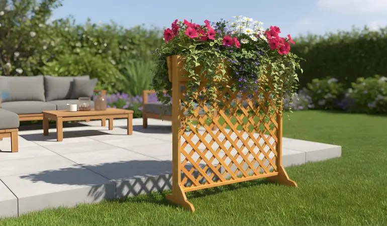 Holz-Rankgitter mit üppigen Blumen auf einer Terrasse im Garten, ideal als dekorativer Sichtschutz und farbenfroher Akzent im Außenbereich.