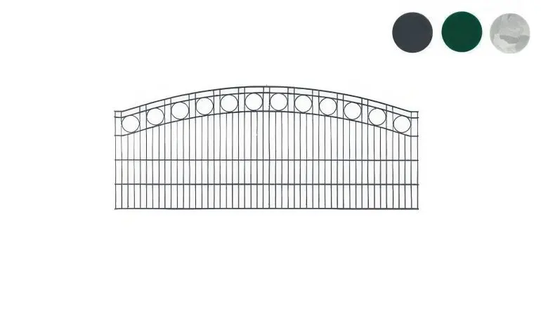 Mit Oberbogen und Zierkreisen: Die Stabgittermatten Royal mit einer Füllung aus 9/20/9 mm U-Profilen und Ø 6 mm Stäben