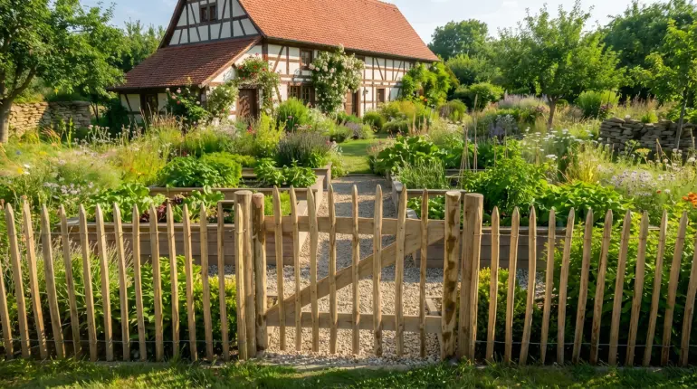 Rustikales Staketenzauntor aus Haselnussholz in idyllischem Garten mit Buchsbäumen, Lavendel und bunten Blumenbeeten