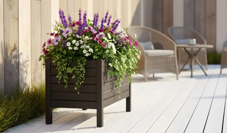 Hoher schwarzer Holzpflanzkasten voller bunter Blumen auf einer sonnigen Terrasse.