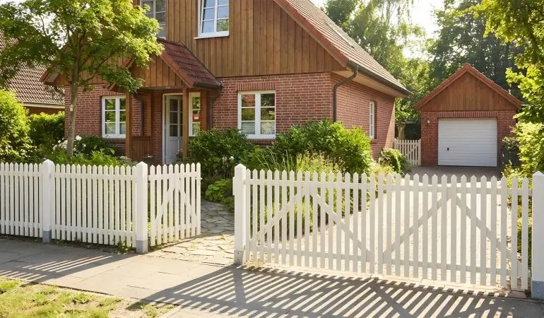 Vorgartenzaun Skagen Lux in Weiß als Holz-Lattenzaun mit Tor und Doppeltor vor einem Klinkerhaus mit Einfahrt