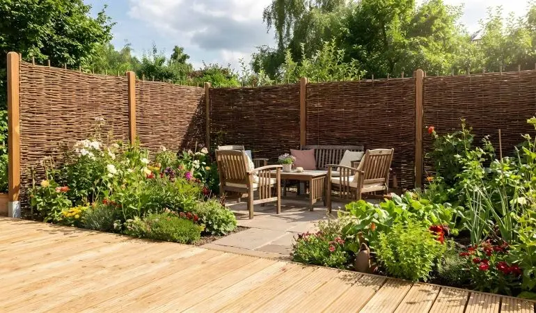 Weidengeflechtzaun Lech Sichtschutzzaun aus braunen Weidenruten, waagrechte Flechtung, im Garten an Terrasse