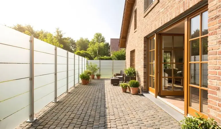 Windschutzwand Glas San Marino, satinierte ESG-Glasscheiben mit Blockstreifen, auf gepflasterter Terrasse im Garten