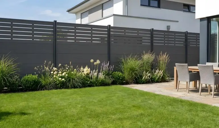 WPC Sichtschutz Kappeln in Anthrazit mit breiten Profilen und Lamellenbereich, im Garten an Terrasse