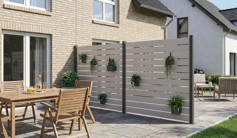 WPC Sichtschutzelemente Emden in Beige mit eingehängten Blumenboxen und Haken
