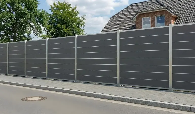 Anthraziter WPC Sichtschutzzaun mit silbernen Leisten und silbernen Pfosten als Grundstücksbegrenzung zu Gehweg mit Straße und Wohnhaus hinter dem Zaun.