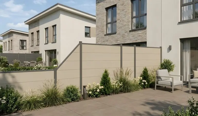 WPC Zaunserie Schwerin Sichtschutzzaun in Beige mit horizontalen Lamellen, graue Pfosten, Terrasse am Haus