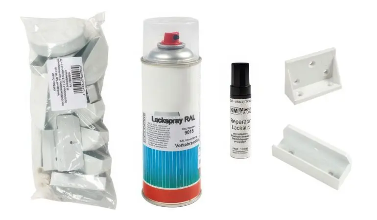 Das Zaunzubehör der Kunststoff Zaunserie Neuhausen. Beinhaltet: Reparatur-Lackstift, Reparaturlack 400 ml, Bausatz für Staktenzaun, Montageschuh und Schraubkappen - Weiß