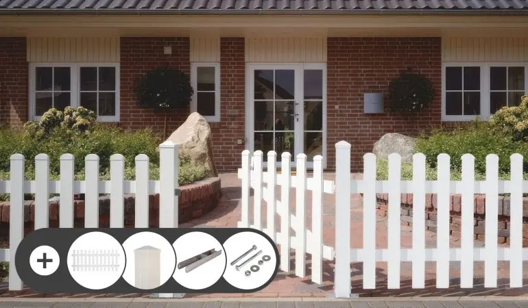 Das Gartenzaun Komplettset ist leicht zusammenzustellen und wird schnell zu Ihnen nach Hause geliefert. Zur Auswahl stehen 3 verschiedene Zaunformen sowie optionale Zauntore.