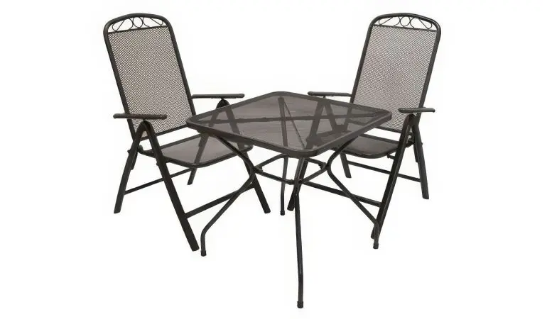 Anthrazitgraues Balkonset aus Streckmetall mit zwei 62 x 66 x 113 cm Klappsesseln und einem 70 x 70 x 72 cm Tisch. Die Sessel besitzen eine extra hohe, 5-fach verstellbare Rückenlehne