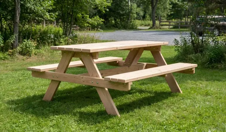 Bank-Tisch-Kombination St. Luc Picknicktisch aus naturbelassener Douglasie mit zwei integrierten Bänken auf Rasen