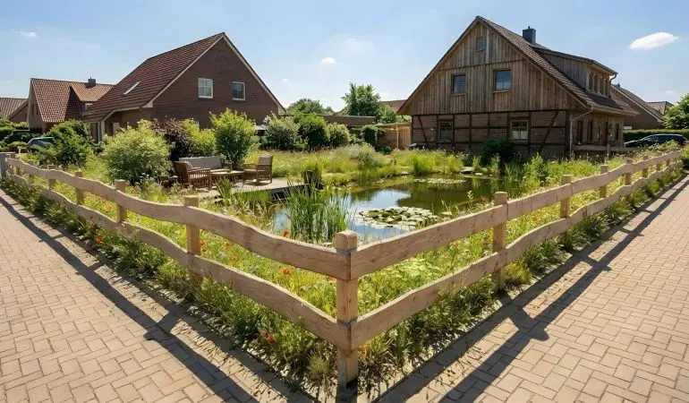 Rustikaler Bretterzaun Bonanza aus Lärchenholz mit unbesäumten Bohlen vor Fachwerkhaus im Garten.