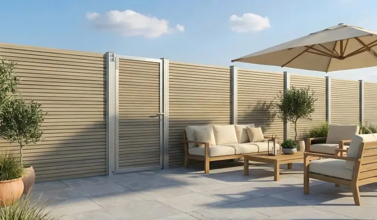 Die BPC Schallschutzwand in Amethystgrau (hier im Bild) oder Mahagoni punktet mit einer modernen Rhombus-Optik und durchdachten Details