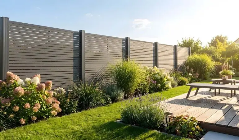 BPC Sichtschutzsystem Glücksburg in Schiefer mit Rhombusleisten und anthrazit Pfosten im Garten