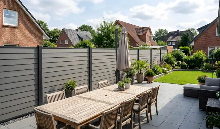 Schützt Ihre Privatsphäre: Der witterungsbeständige BPC Steckzaun mit sandfarbenen Lamellen, silbernen Pfosten und silbernen Abschlussleisten bildet einen eleganten Sichtschutz