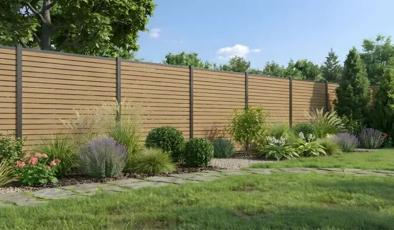 Steckzaunsystem mit modernen BPC Rhombusprofilen in Anthrazit, Karamell und Sand. In der Höhe variabel!