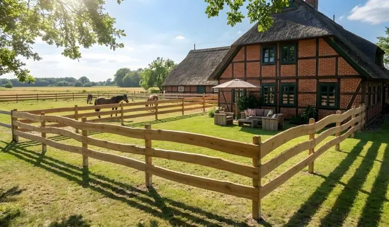 Rustikaler Bretterzaun Bonanza aus Lärchenholz mit unbesäumten Bohlen vor Fachwerkhaus im Garten.