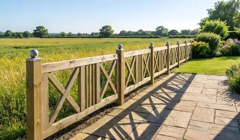 Design Gartenzaun Schloss aus hellem Holz mit Kreuzfüllungen und Edelstahlkugeln an der Terrasse mit Blick auf Wiese und Feld