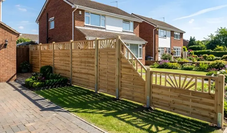 Dichtzaun aus Holz mit waagerechten Lamellen und offenem Abschluss, montiert als Zaunreihe im Gartenbereich am Haus