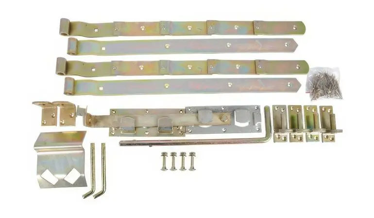 Komplettsatz mit Torbändern und Drückergarnitur. Für zweiflügelige Holzgartentore mit Bogen bis 300 cm Breite