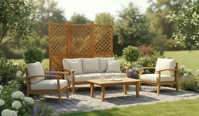 Holz-Sichtschutz mit Rankgitter steht hinter einer Gartenlounge aus hellen Polstermöbeln auf einer gepflasterten Terrasse, umgeben von Pflanzen.
