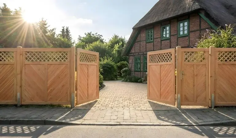 Gartensichtschutz Douglasie, Holzzaun mit Fischgrätfüllung und Rautengitter, geöffnetes Doppeltor an Einfahrt