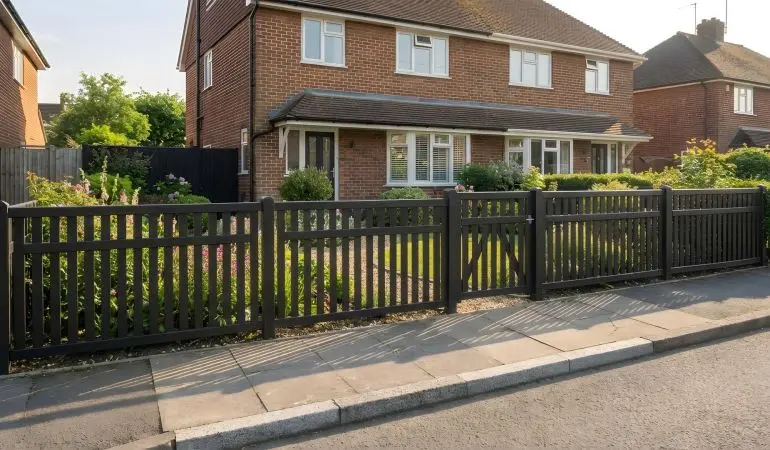 Schwarzer Gartenzaun mit senkrechten Latten und Gartentor vor gepflegtem Vorgarten eines Wohnhauses.