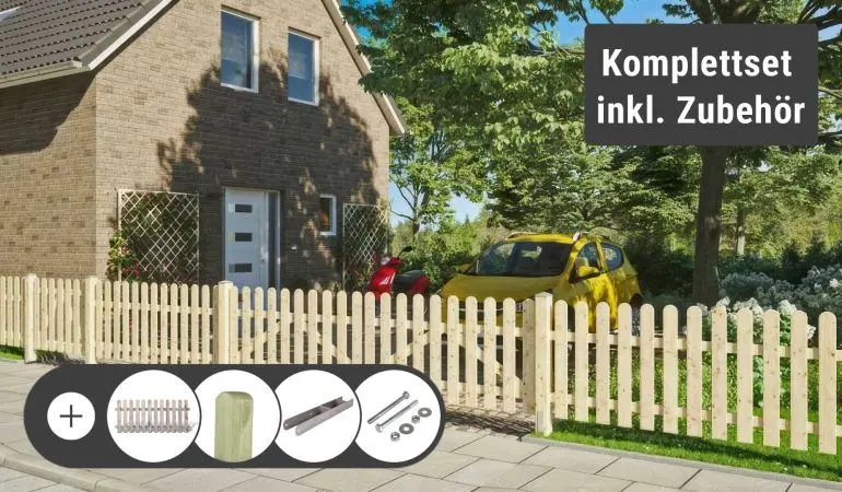 Das Gartenzaun Komplettset ist leicht zusammenzustellen und wird schnell zu Ihnen nach Hause geliefert. Zur Auswahl stehen 2 verschiedene Zaunformen sowie optionale Zauntore.