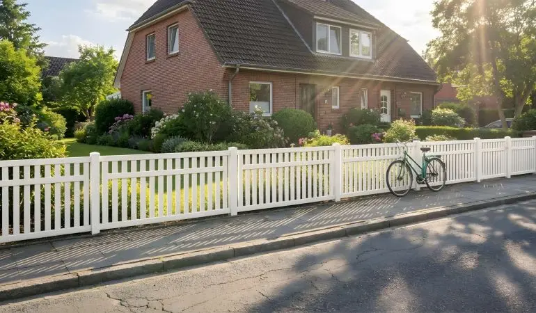 Weißer Country-Vorgartenzaun vor Einfamilienhaus mit Blumenbeeten und Fahrrad am Gehweg.