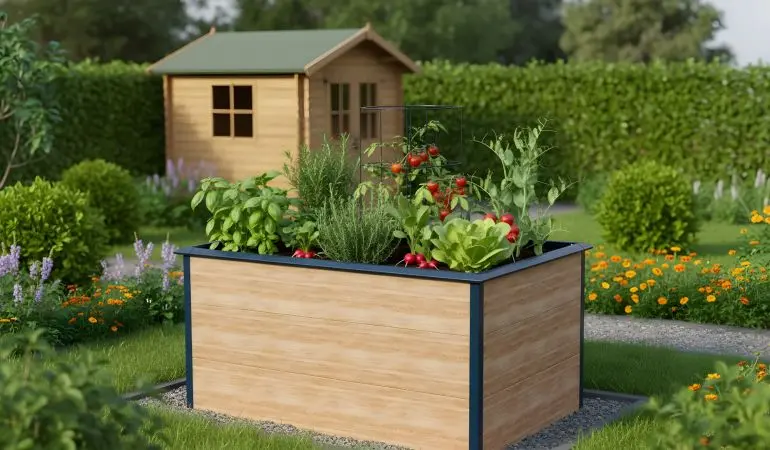 Holzoptik-Hochbeet mit blauem Rahmen, bepflanzt mit Gemüse und Kräutern; dahinter Gartenhaus und grüne Hecke.