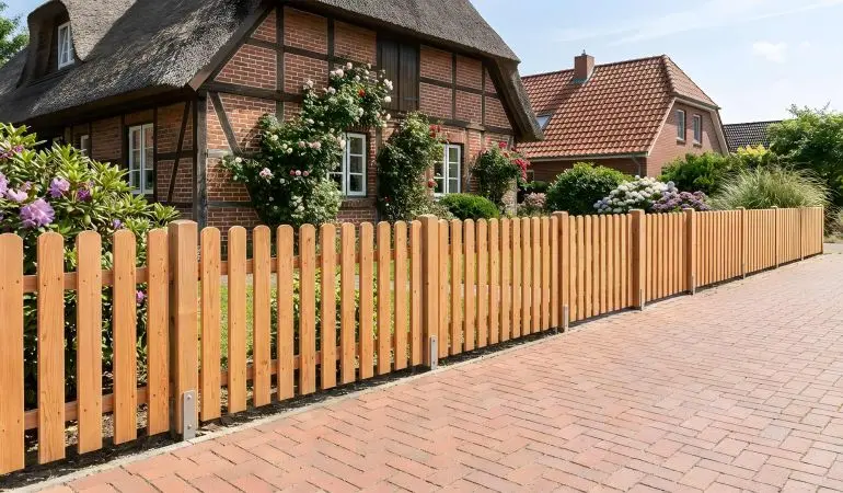 Douglasienzaun mit vertikal angeordneten 2 x 10 cm starken Zaunlatten vor Fachwerkhaus mit begrüntem Garten.