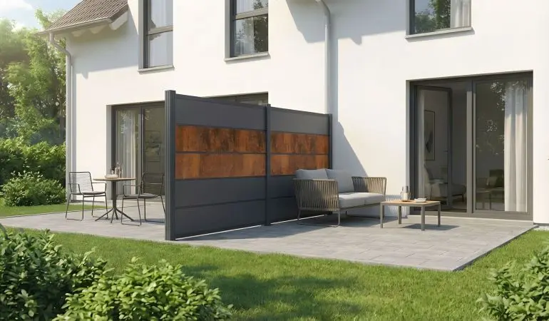 HPL Steckzaun mit anthrazitfarbenen Lamellen und Rost-Dekorstreifen als Sichtschutz an der Terrasse.