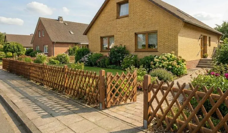 Brauner Jägerzaun als Gartenabgrenzung zu Bürgersteig vor gepflegtem Vorgarten mit Einfamilienhaus in aus den 1970er Jahren in Deutschland.