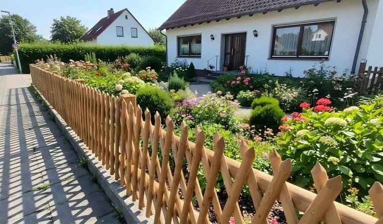 Jägerzaun aus Holz als natürliche, lockere Begrenzung vor blühendem Vorgarten eines Einfamilienhauses