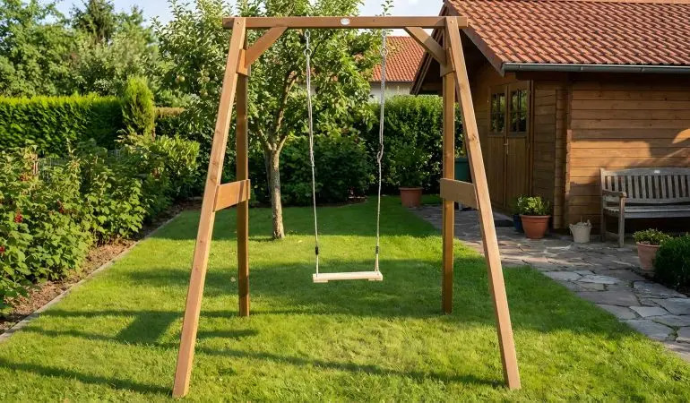 Kinderschaukel Hendrik aus braun gebeiztem Holz mit Brettschaukel auf Rasen im Garten