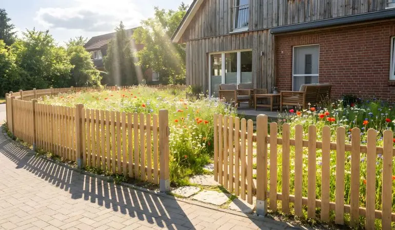Eichen-Lattenzaun mit gerundeten Zaunlatten und Tor vor natürlichem Vorgarten eines Holzhauses.