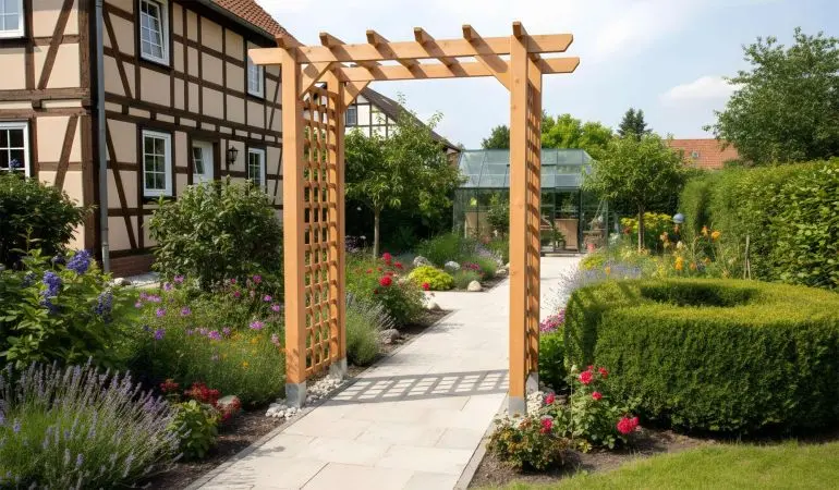 Ein Holz-Gartenbogen mit Rankgittern steht über einem hellen Gartenweg. Er bildet einen einladenden Durchgang zwischen farbenfrohen Beeten.