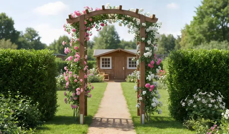 Ein romantischer Rosenbogen aus Holz steht über einem Gartenweg und ist von pinken und weißen Blüten umrankt. Er schafft einen einladenden Eingang zum Gartenhaus.