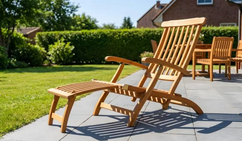Liegestuhl Holz Somme aus Holz mit Armlehnen, Lattenlehne und Fußhocker auf Terrasse im Garten
