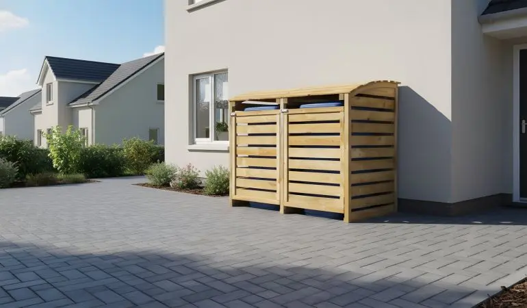 Holz-Mülltonnenbox für zwei Tonnen an Hauswand, mit Lamellentüren und gebogenem Deckel auf gepflasterter Einfahrt.