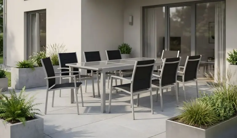 Vielseitige Nutzungsmöglichkeiten: Die Outdoor Sitzgruppen sind als 7- und 9-teilige Sets mit Stapelsesseln und Ausziehtisch erhältlich 