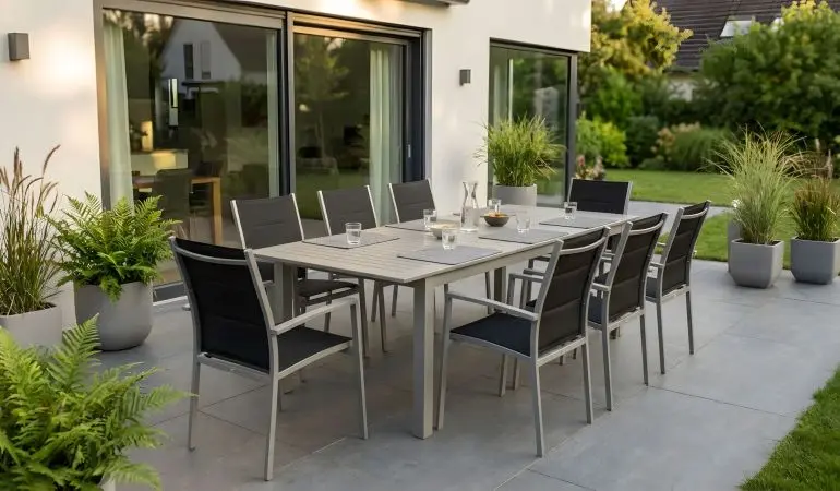 Die modernen Outdoor Möbel sind in zwei Varianten erhältlich: Als 7- und 9-teiliges Set. Dank des Ausziehtisches ist für Flexibilität gesorgt