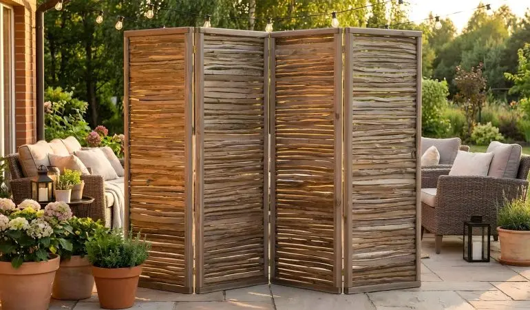 Paravent Terrasse, schiefergrau lasierter Haselnuss-Paravent mit vier Segmenten im Kieferrahmen auf Terrasse