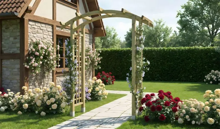 Ein eleganter Rosenbogen führt vom Haus in einen blühenden Gartenweg, umgeben von üppigen Rosen in sanften und kräftigen Farben.